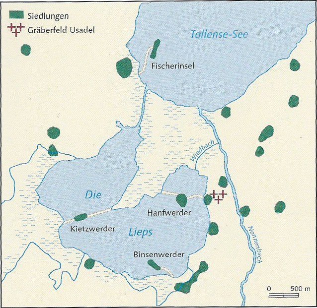 Die jungslawischen Fundstellen im Bereich Lieps/südlicher Tollensesee (Entwurf: Eike Gringmuth-Dallmer)