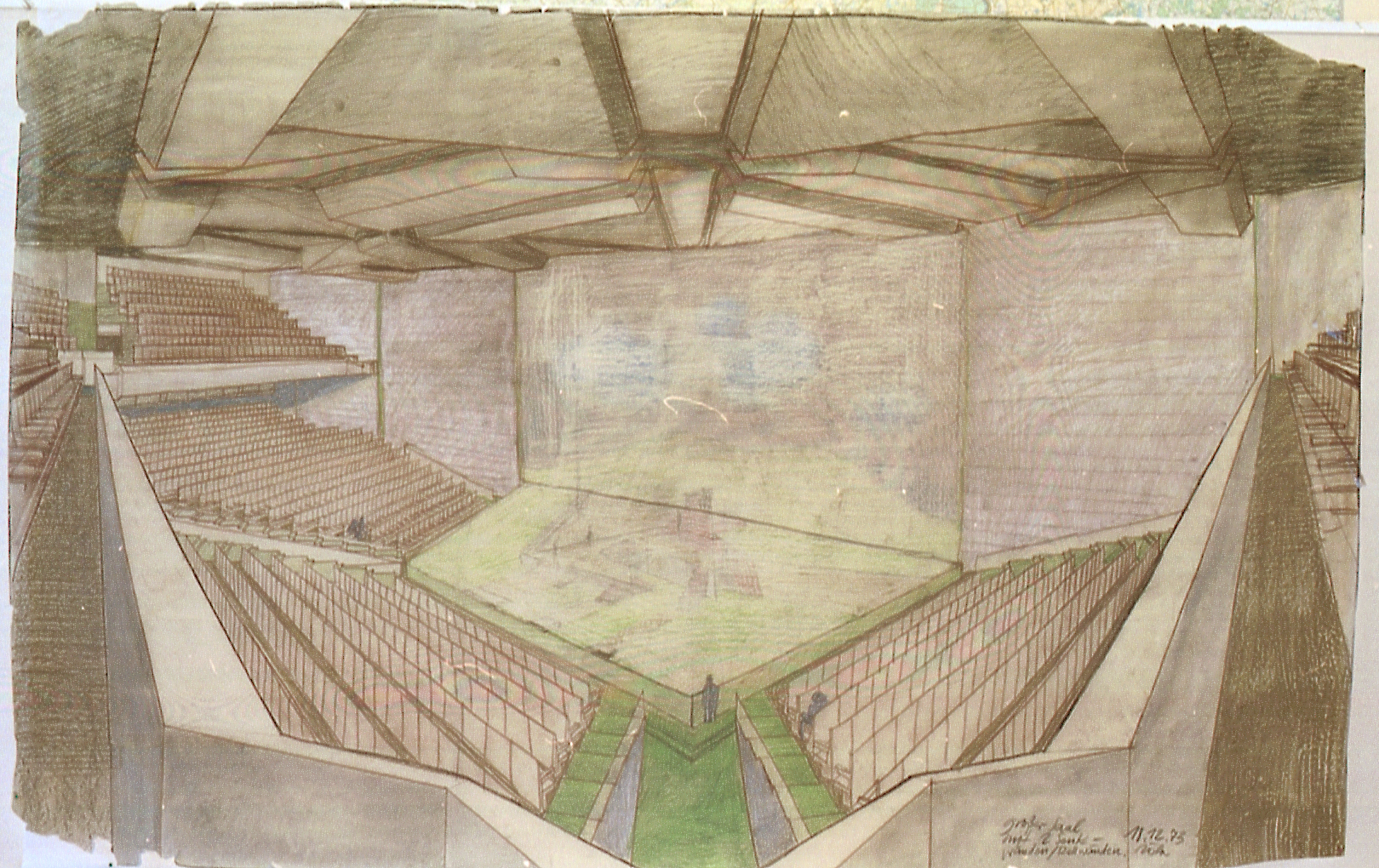 Entwurfsskizze zum großen Saal im Palast der Republik des Architekten und Zeichners Werner Rösler (1936–1988) von 1973 (Leibniz-Institut für Raumbezogene Sozialforschung, Wissenschaftliche Sammlungen, Nachlass Werner Rösler, C_17_03-18)